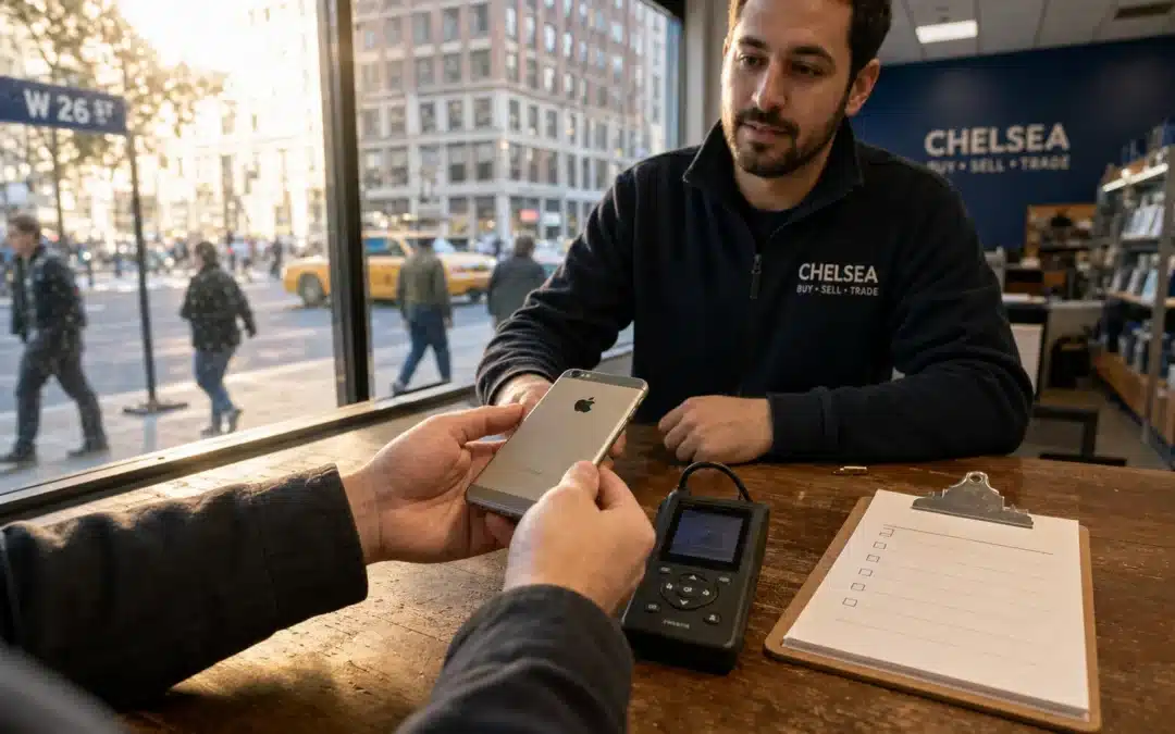 Photo-realistic product photograph illustrating "how to trade in your iphone in nyc: get the best value" — tech blog image by Computer Overhauls